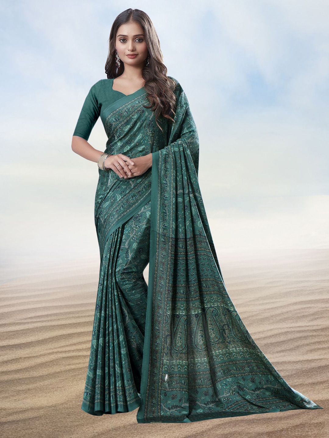 

Kasak Ethnic Motifs Pure Crepe Saree, Green
