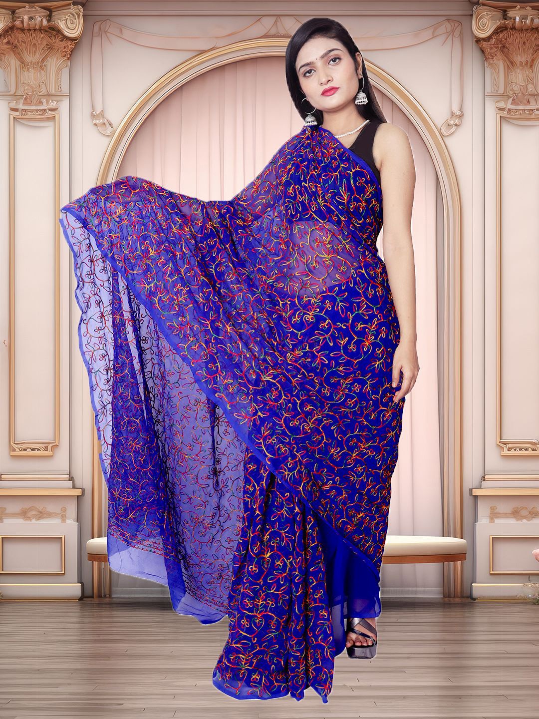 

ADR CHIKAN Ethnic Motifs Aari Work Pure Georgette Saree, Blue