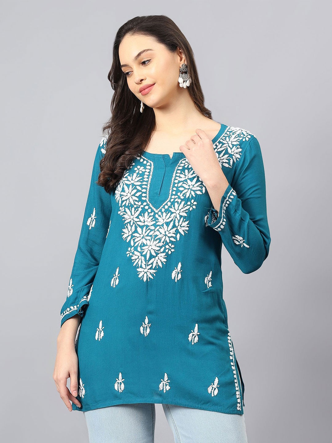 

NAZAQAT ETHNIC INDIA Women Ethnic Motifs Embroidered Handloom Chikankari Kurti, Blue