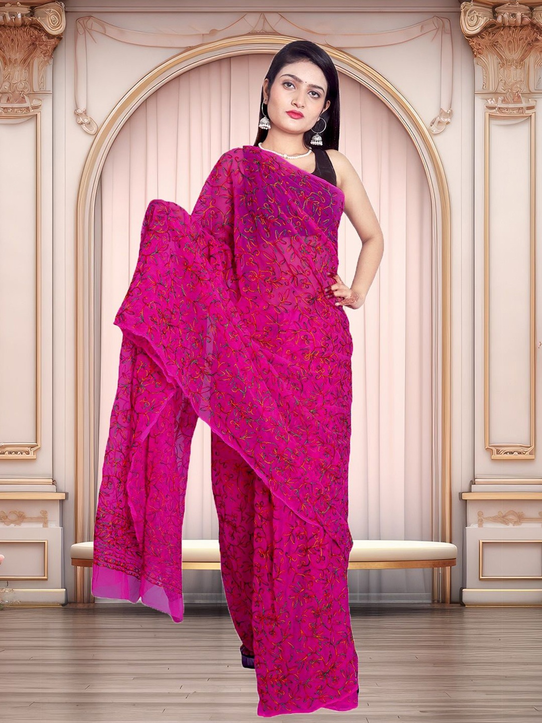 

ADR CHIKAN Embellished Embroidered Pure Georgette Saree, Pink