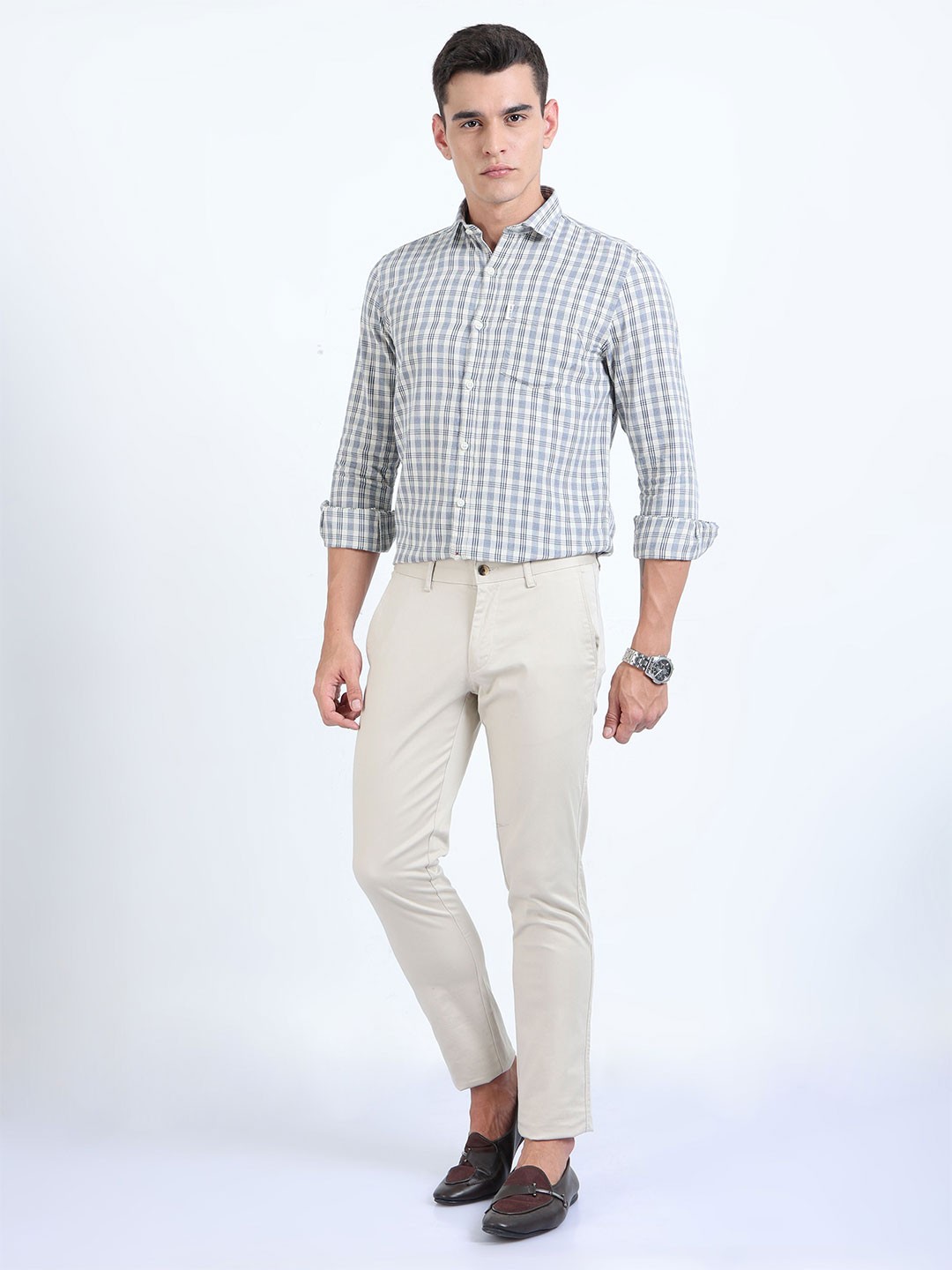 

HOUSE OF MAHNOTS Men Classic Slim Fit Grid Tattersall Checked Cotton Casual Shirt, Blue