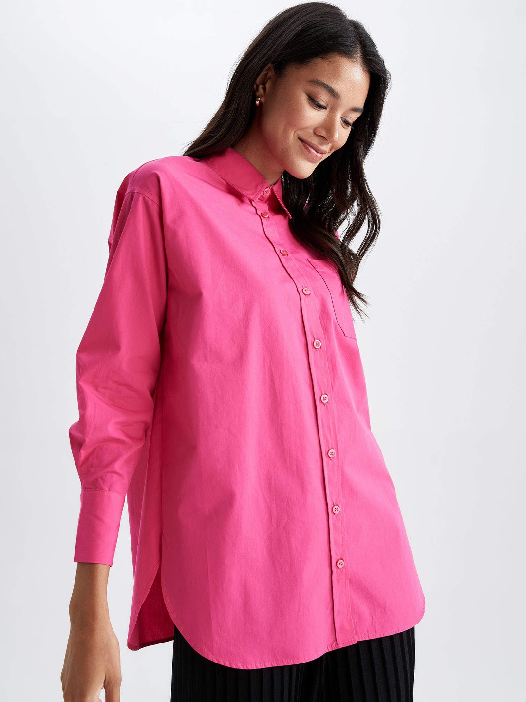 

WHY SO FAB Women Comfort Oversized Fit Spread Collar Solid Cotton Casual Shirt, Pink