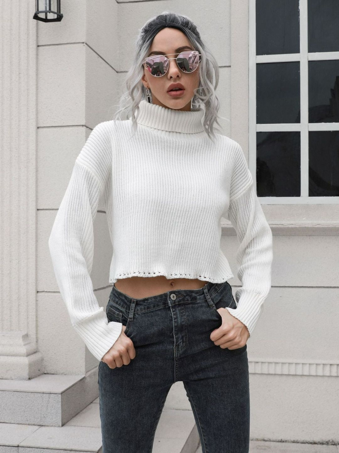 

Oh Rare Women Turtle Neck Crop Pullover, White