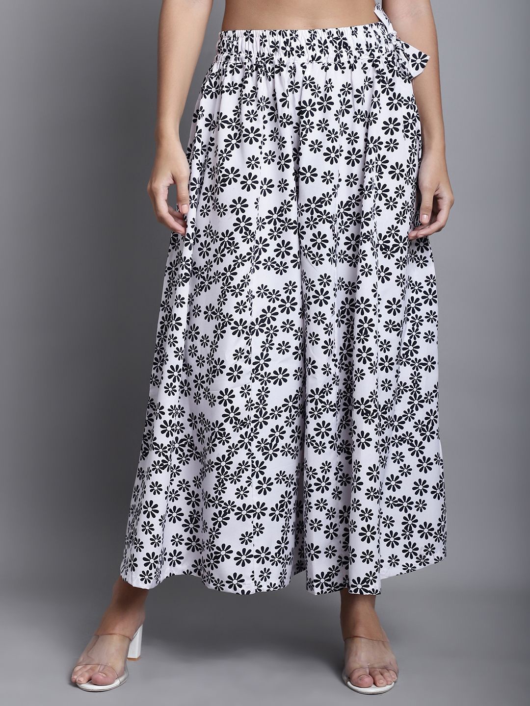 

Valles365 by S.C. Women Floral Printed Flared Crepe Palazzos, White