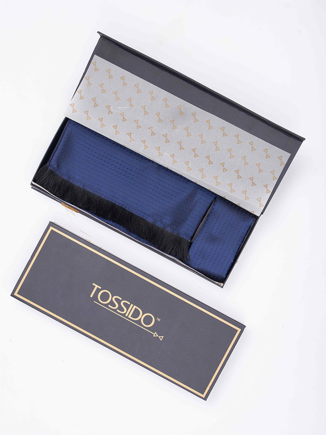 

Tossido Men Woven Design Reversible Stole & Pocket Square Set, Blue