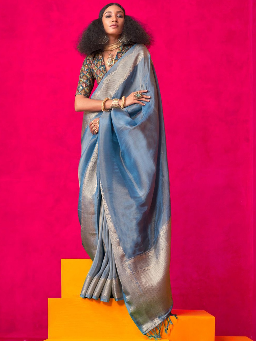 

Mitera Woven Design Zari Tissue Saree, Blue