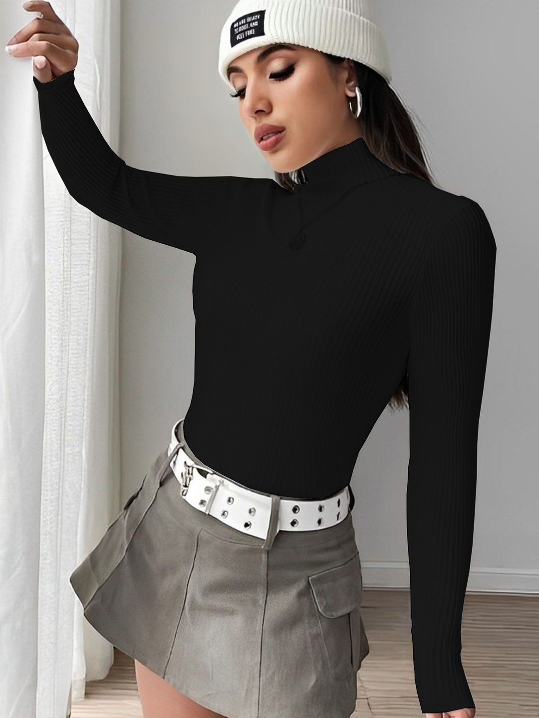 

LECOWAR Women High Neck Full Sleeve Cotton Top, Black