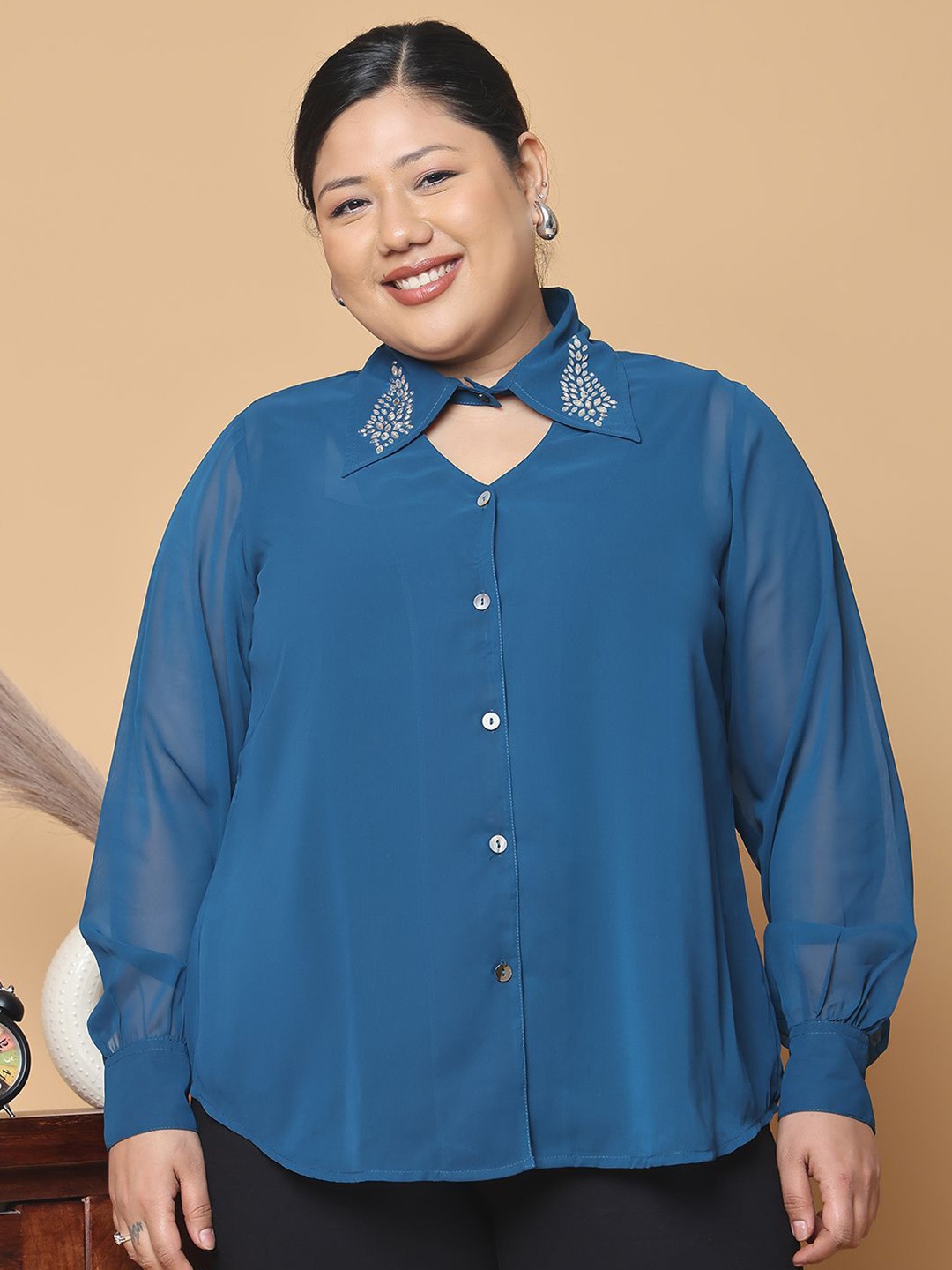 

theRebelinme Women Plus Size Relaxed Fit Spread Collar Solid Party Shirt, Teal