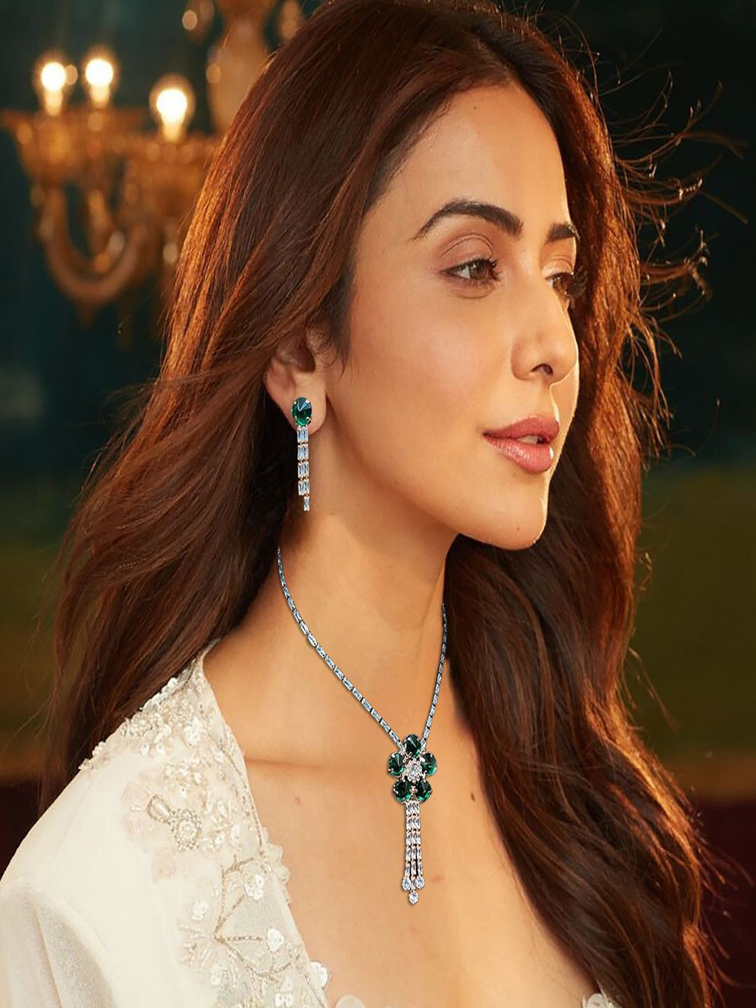 

AccessHer Brass-Plated American Diamond-Studded Necklace and Earrings, Silver