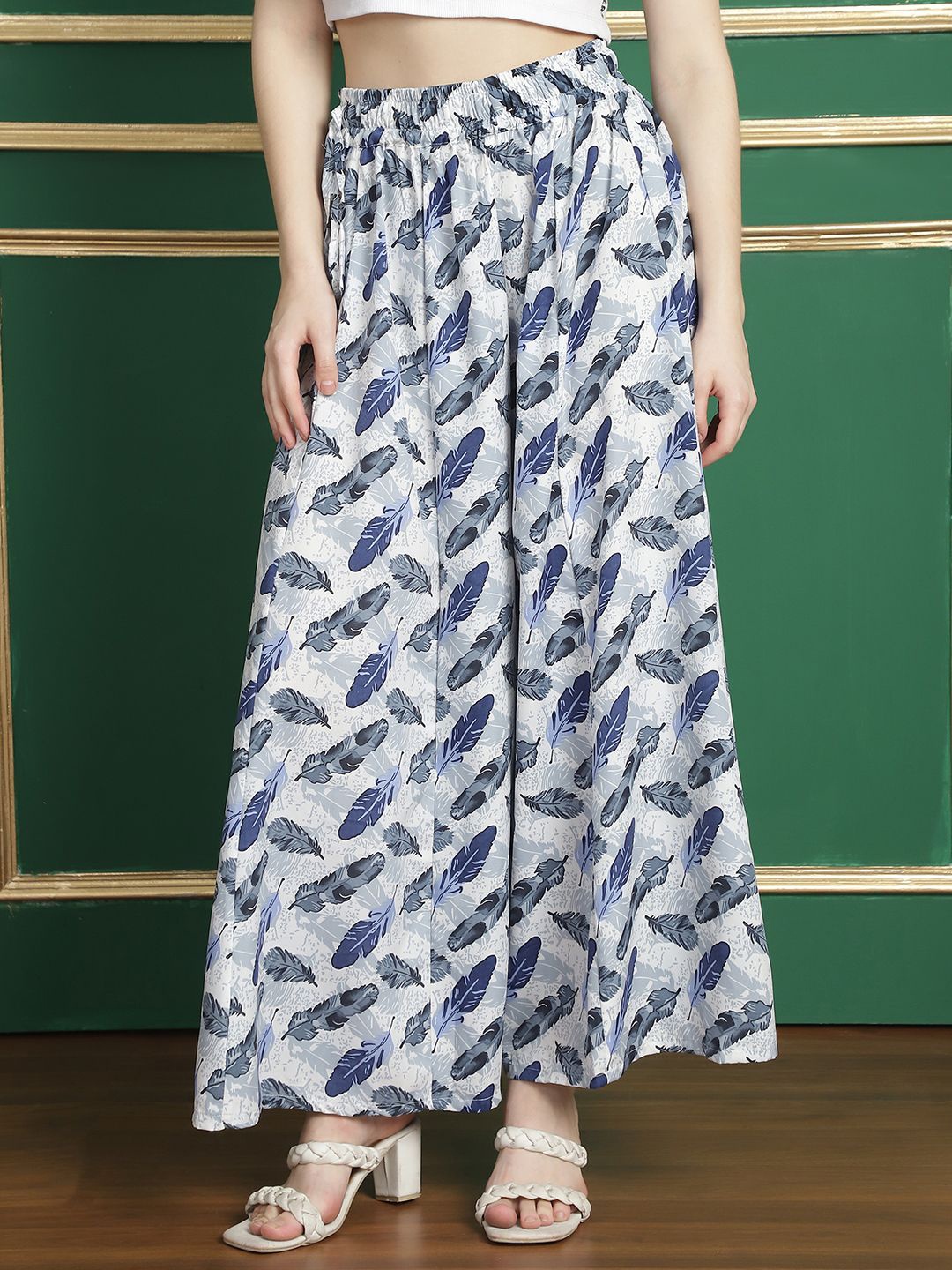 

Valles365 by S.C. Women Animal Printed Flared Crepe Palazzos, White