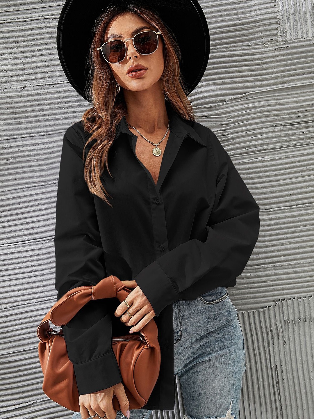 

NANCHI Women Comfort Oversized Fit Spread Collar Solid Cotton Casual Shirt, Black