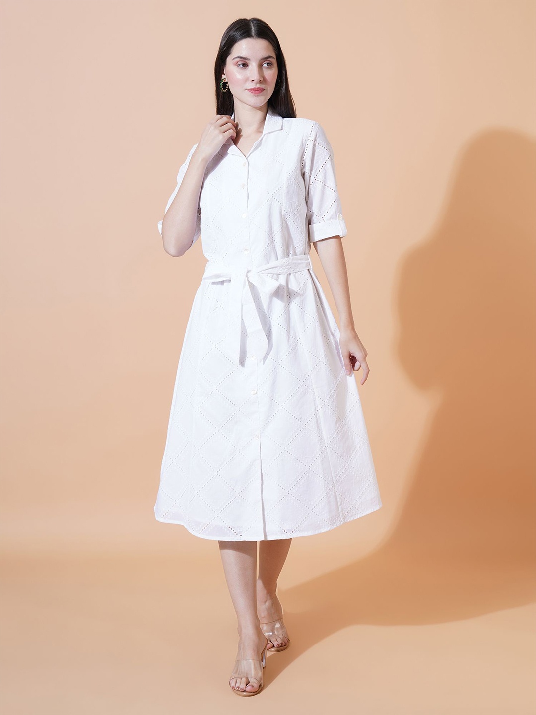 

Mast & Harbour Women Schiffli Shirt Collar Cotton A-Line Midi Dress, White