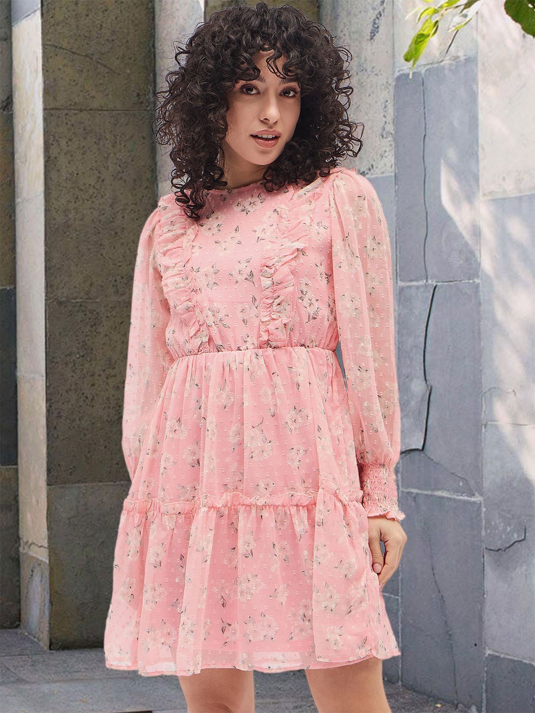 

DressBerry Floral Print Puff Sleeve Chiffon Fit & Flare Mini Dress, Pink