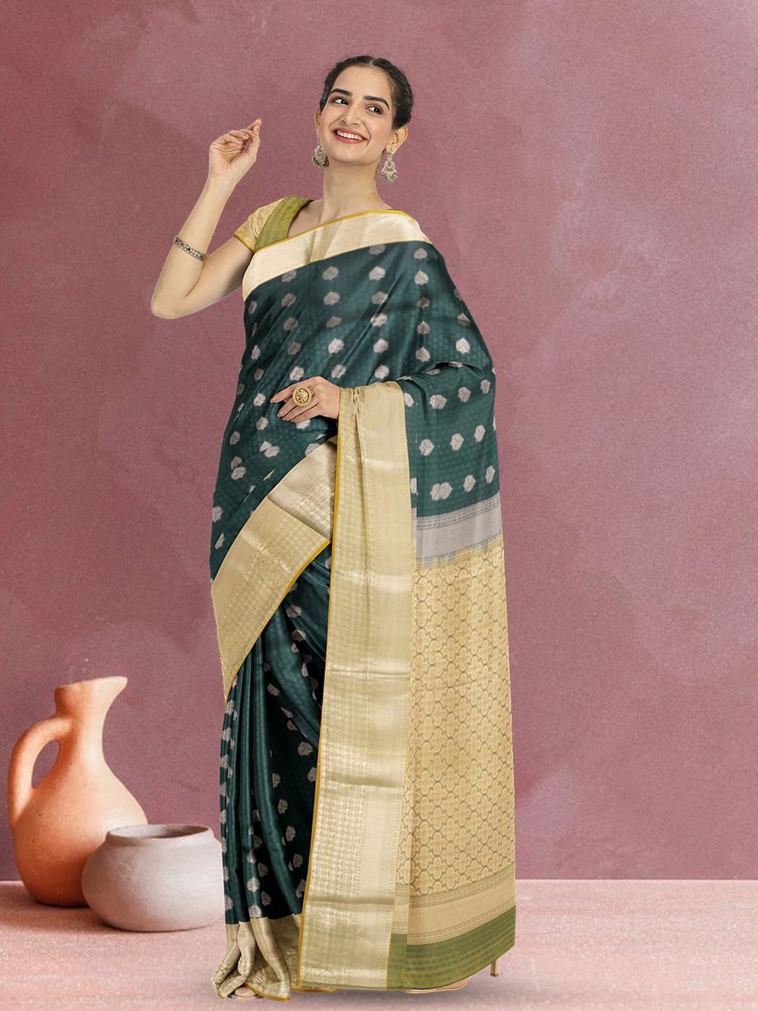 

Avishya Woven Design Zari Silk Blend Kanjeevaram Saree, Green
