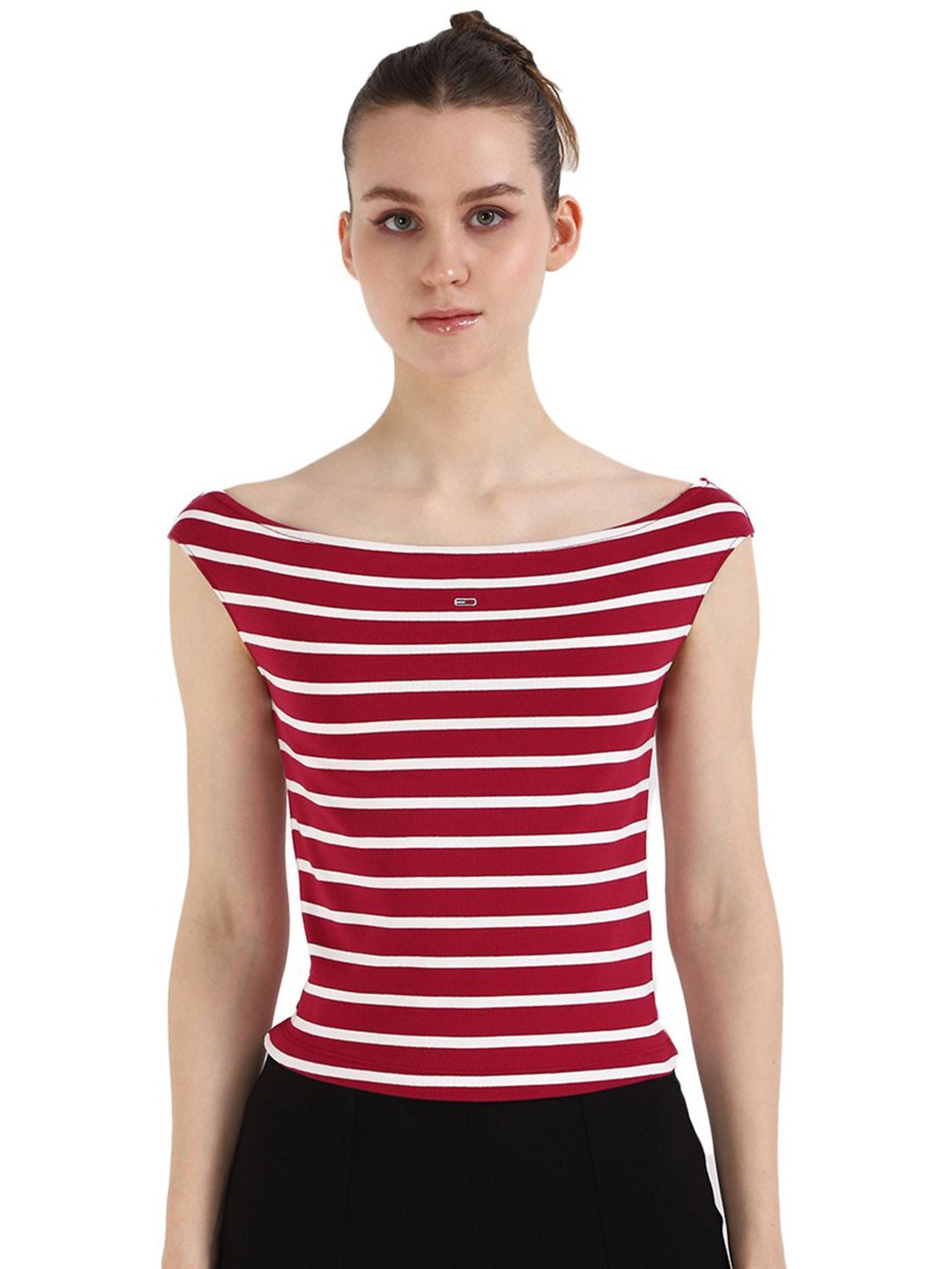 

Tommy Hilfiger Women Boat Neck Striped Cotton Fitted Crop Top, Red