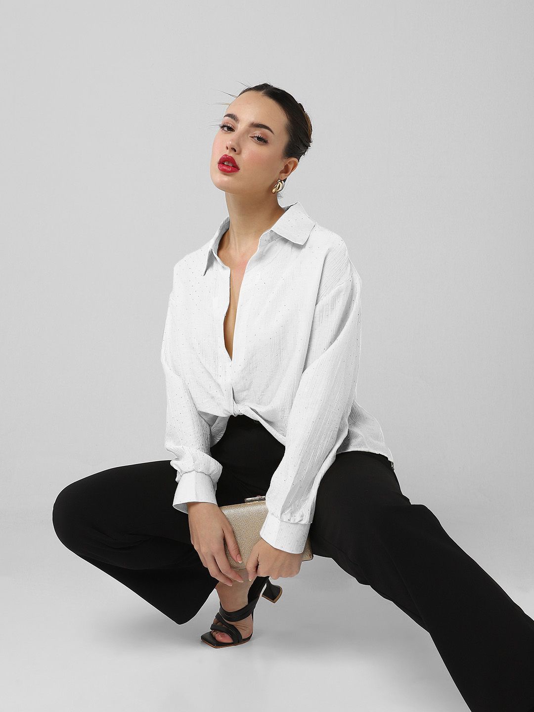 

SHOWOFF Women Embellished Studded Shirt Style Crop Top, White