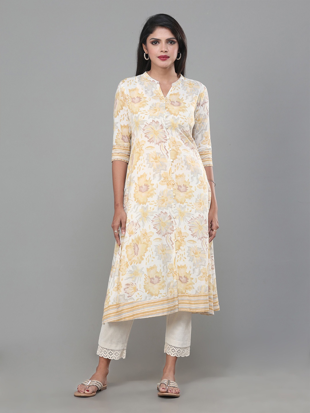 

Vismay Floral Printed Mandarin Collar A-Line Kurta, White