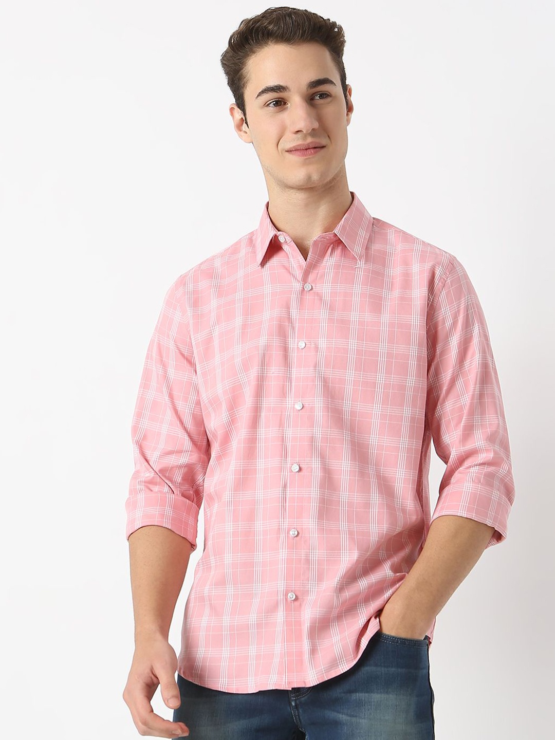 

MARK & ALBERT Men India Slim Fit Spread Collar Checked Cotton Casual Shirt, Pink