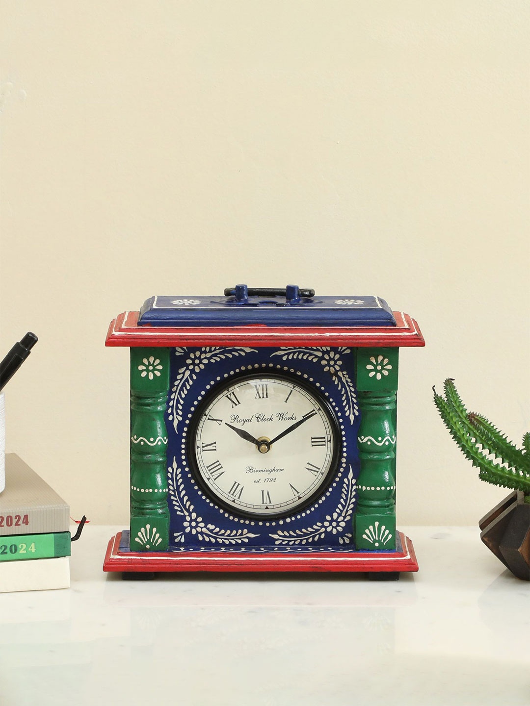 

vedas Mystical Indian Blue & Green Printed Eiko Silent Non Ticking Small Clock Showpiece