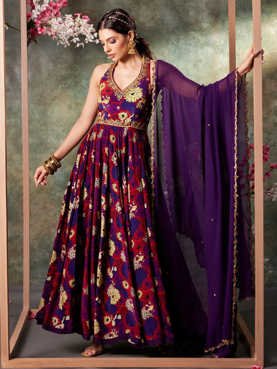 

Mehak Murpana Women Floral Printed Halter Neck Embroidered Ethnic Dress With Dupatta, Purple