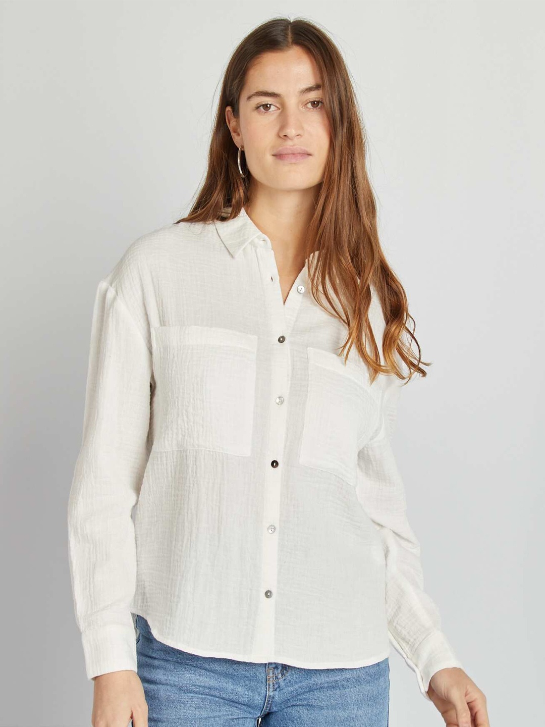

KIABI Women Comfort Spread Collar Textured Cotton Casual Shirt, White