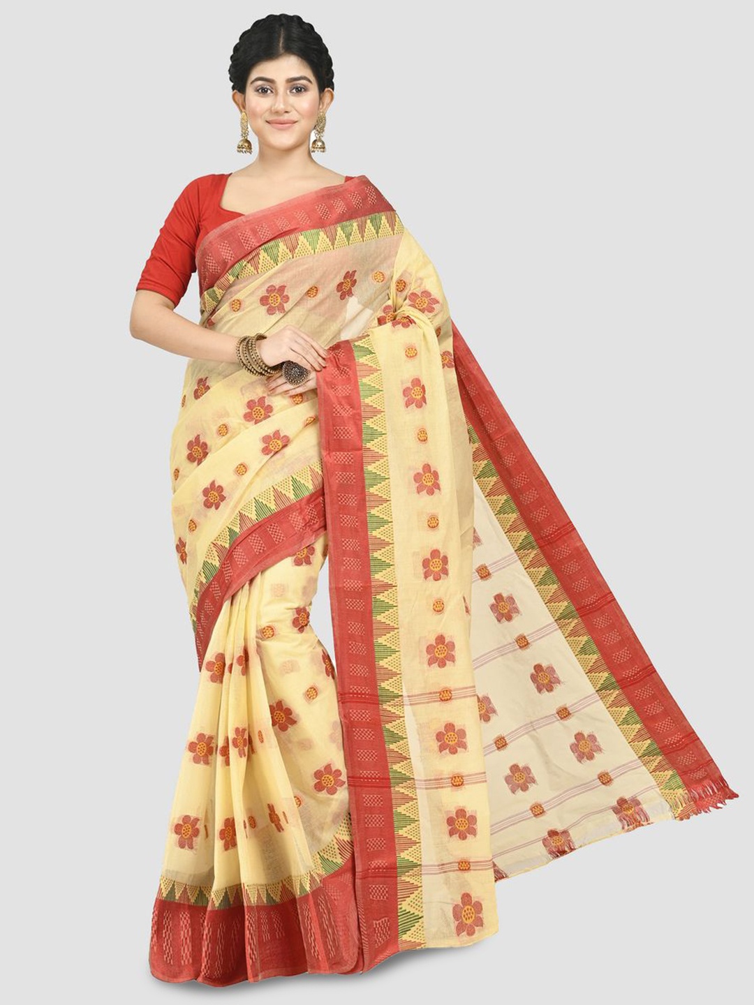 

Crochetin Floral Woven Design Pure Cotton Taant Saree, Beige