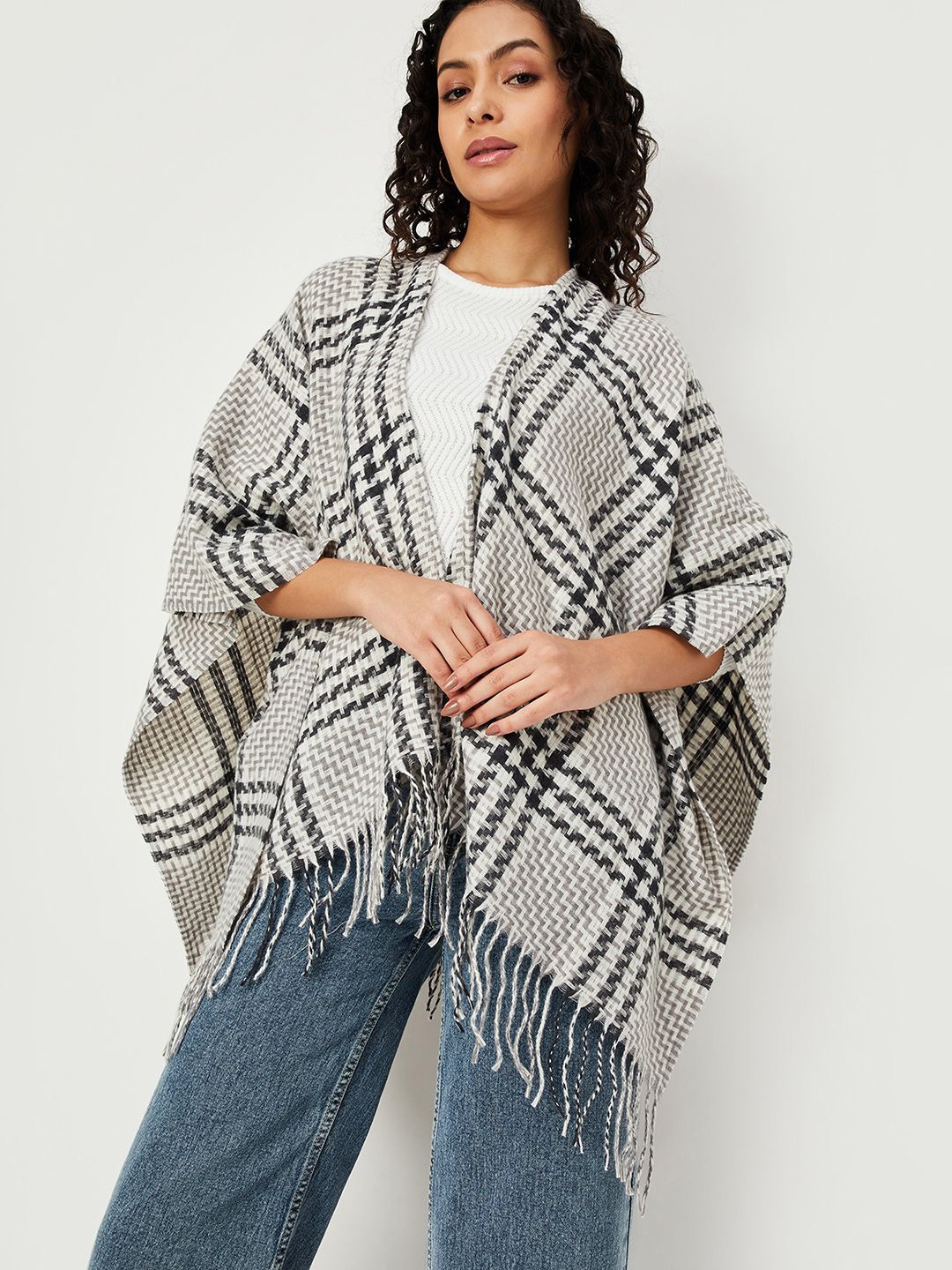 

max Women Checked Longline Poncho, Grey