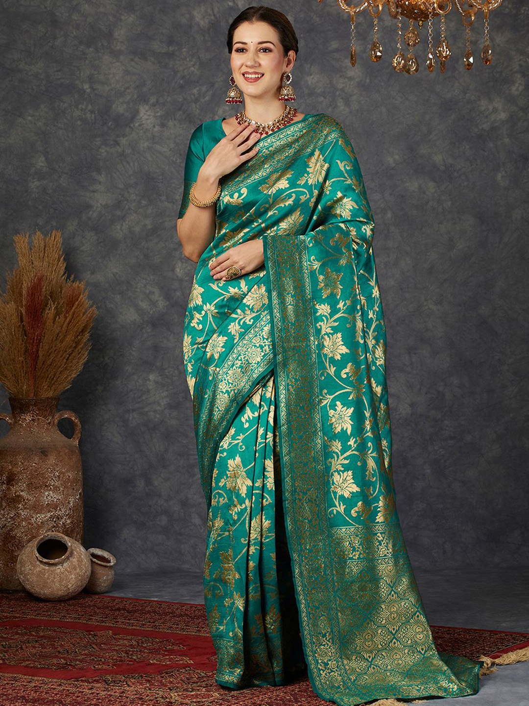 

KALINI Floral Zari Banarasi Saree, Turquoise blue