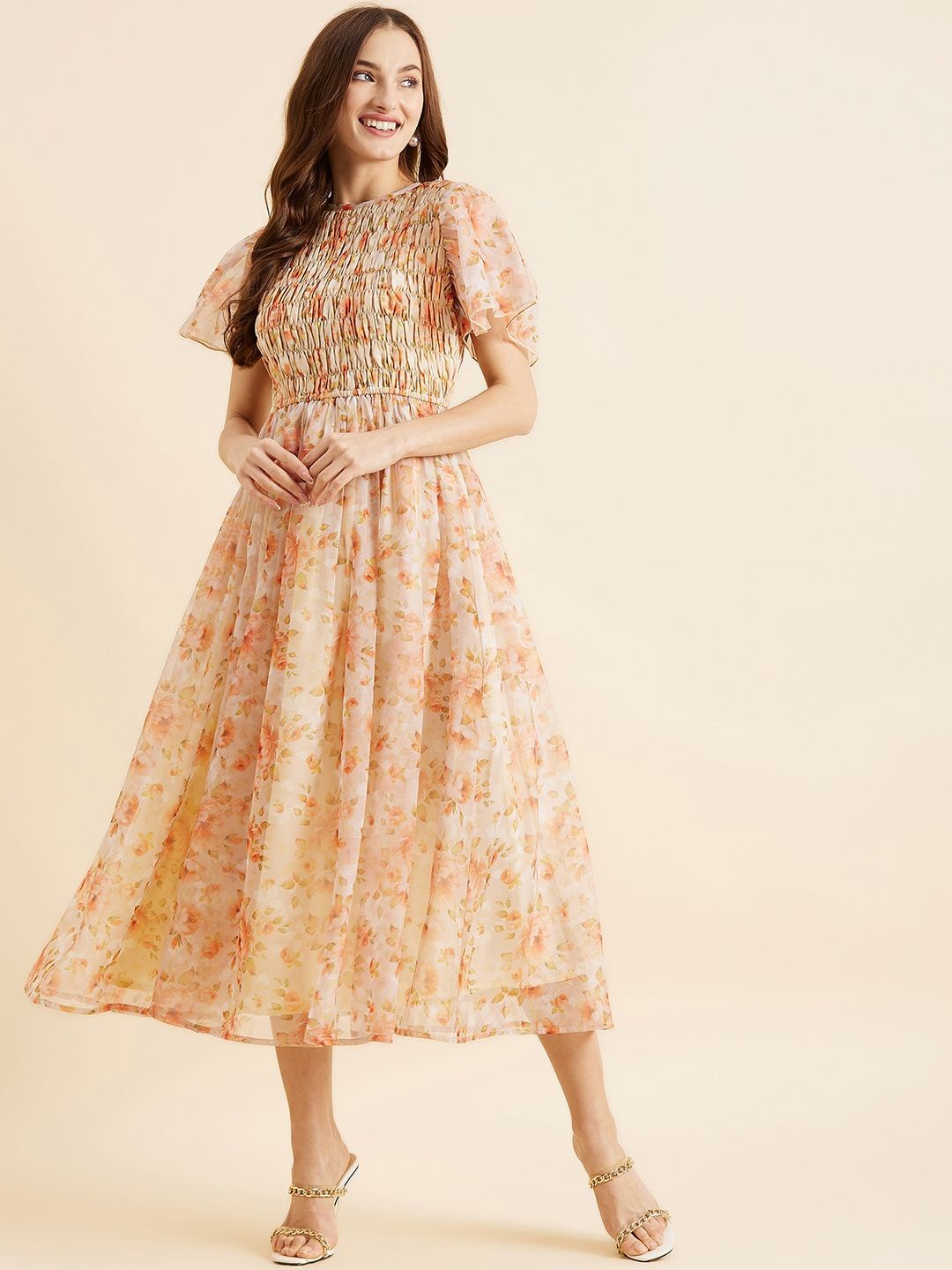 

PANIT Women Floral Printed Fit & Flare Midi Dress, Peach