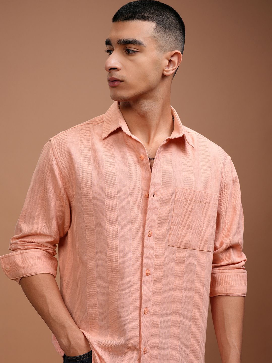 

HIGHLANDER Men Relaxed Fit Spread Collar Textured Cotton Casual Shirt, Peach