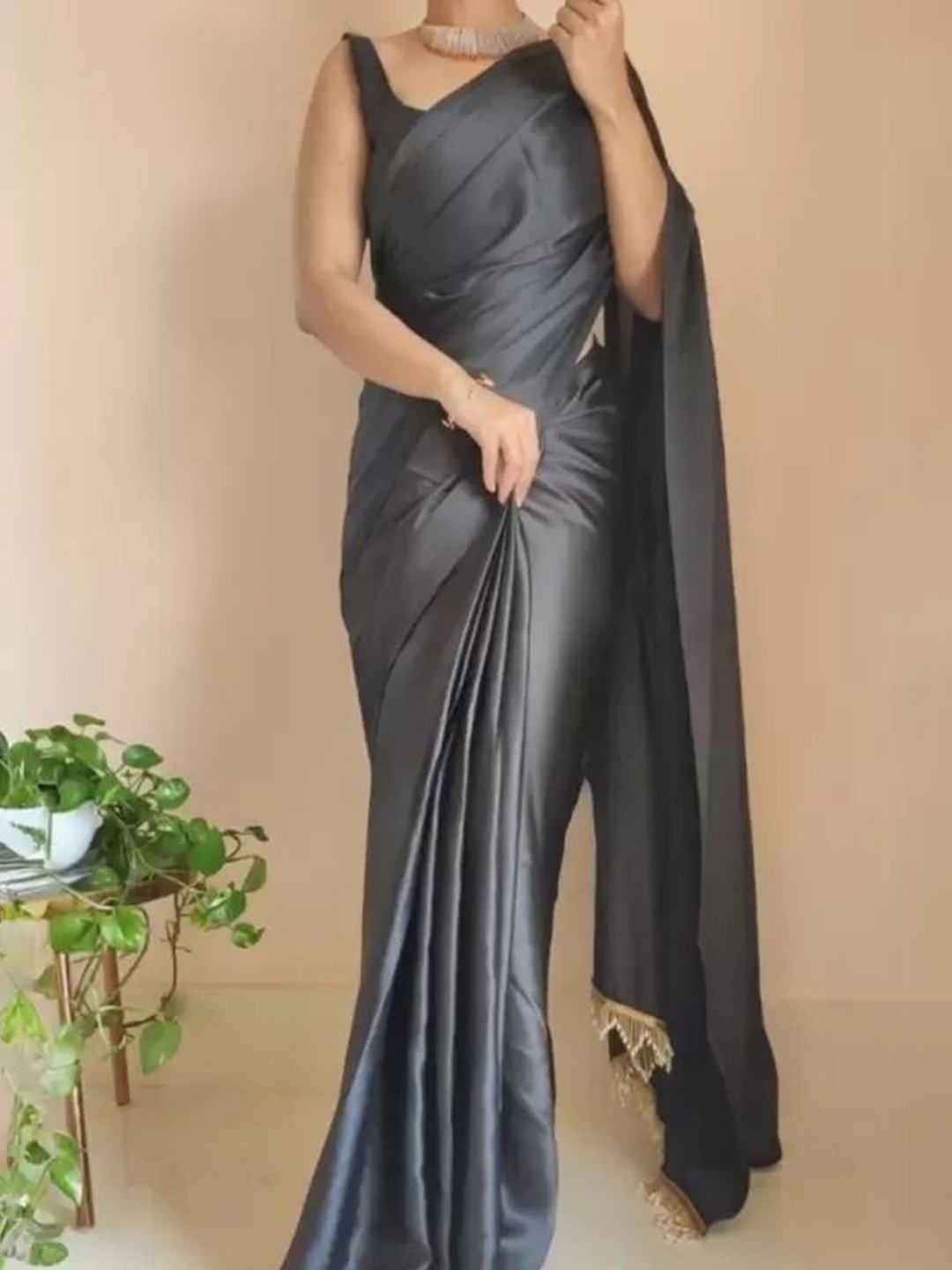 

Florence Embroidered Satin Saree, Black