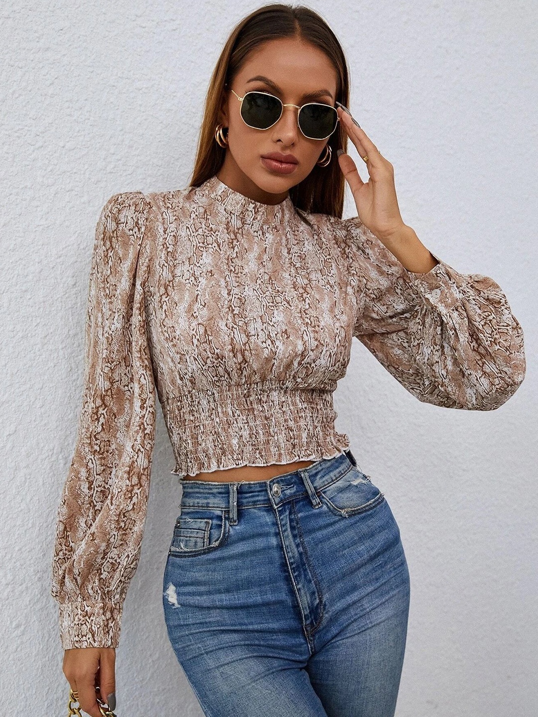 

Stylecast X Slyck Print Puff Sleeve Crop Top, Beige