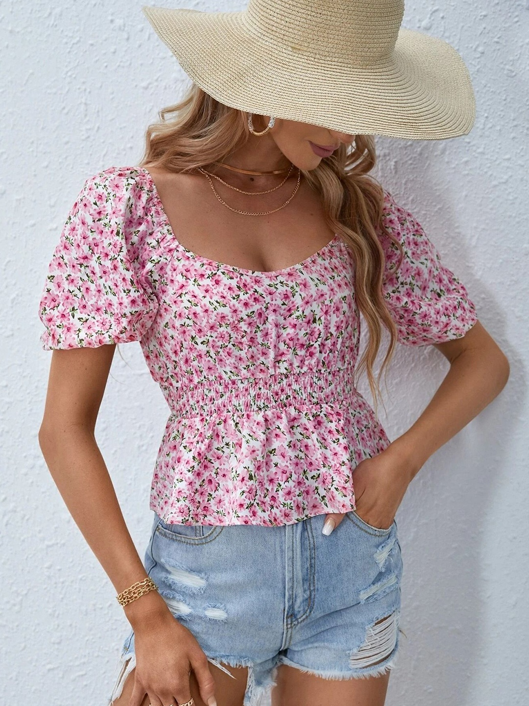 

Stylecast X Slyck Floral Print Peplum Top, Pink