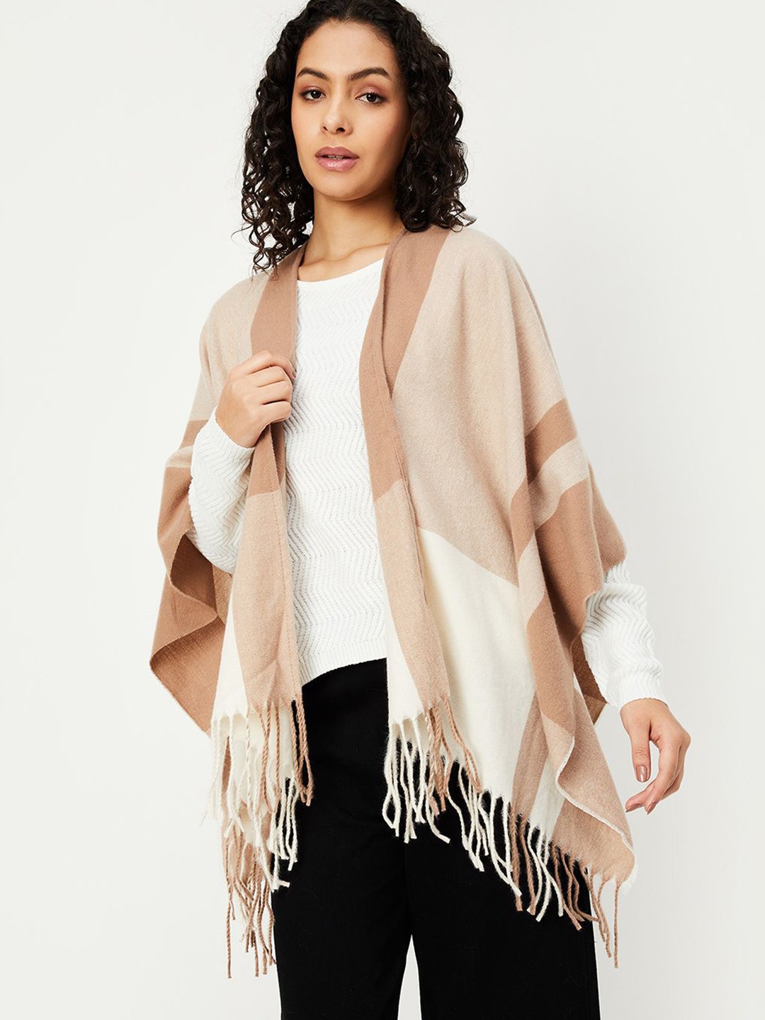 

max Women Checked Longline Poncho, Beige