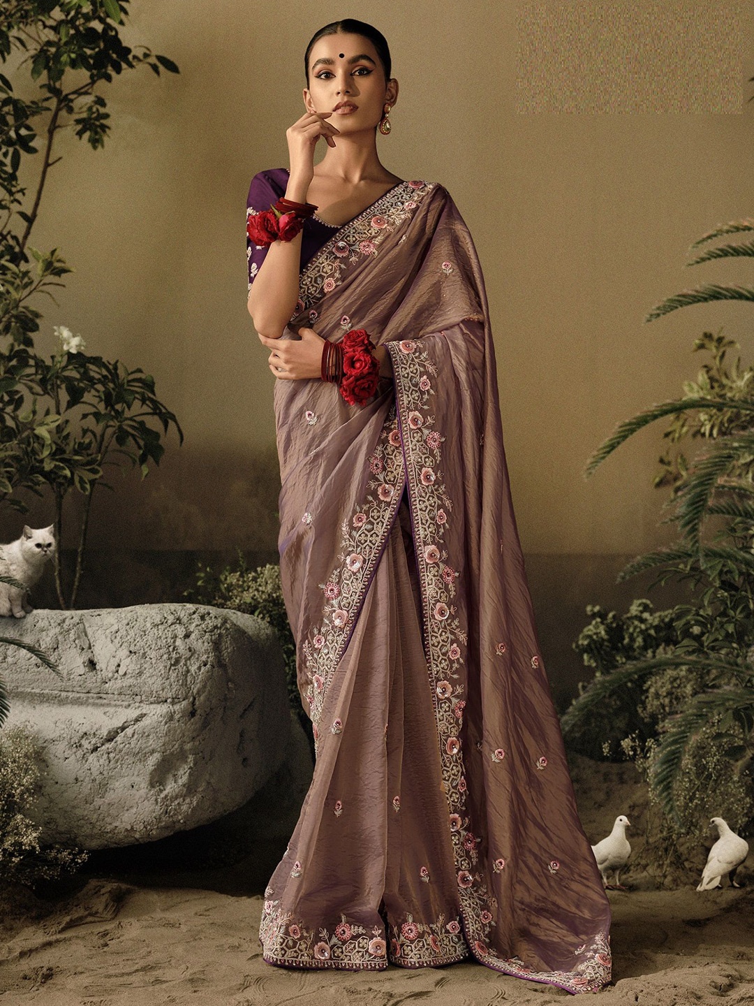 

MAHALASA Floral Embroidered Pure Silk Saree, Brown