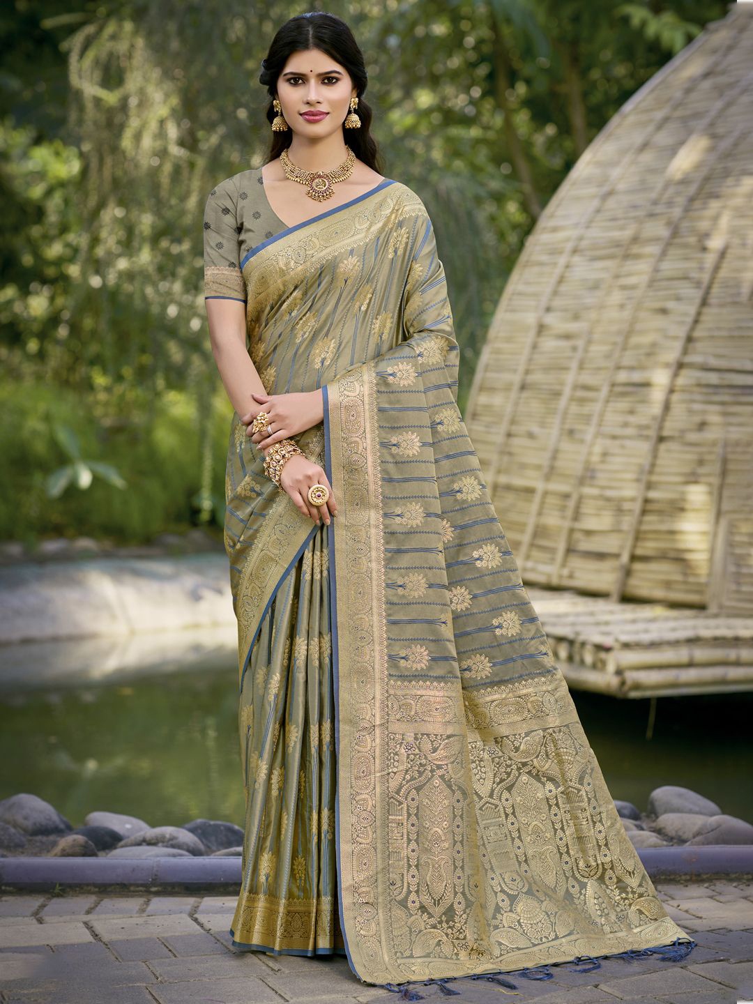 

SANGAM PRINTS Woven Design Floral Zari Banarasi Saree, Grey
