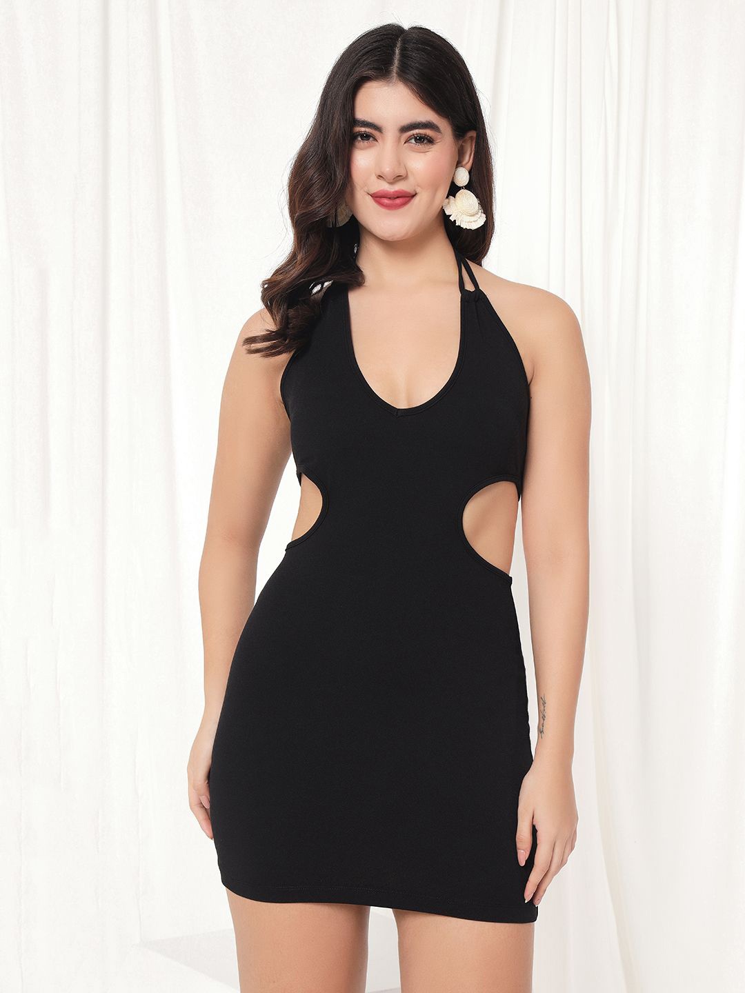 

TANDUL Halter Neck Cut-Outs Bodycon Mini Dress, Black