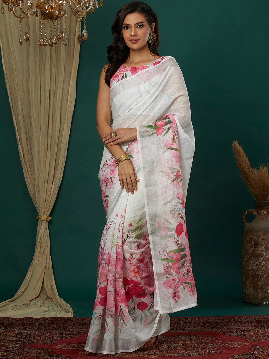 

Mitera Women Floral Printed Saree, White