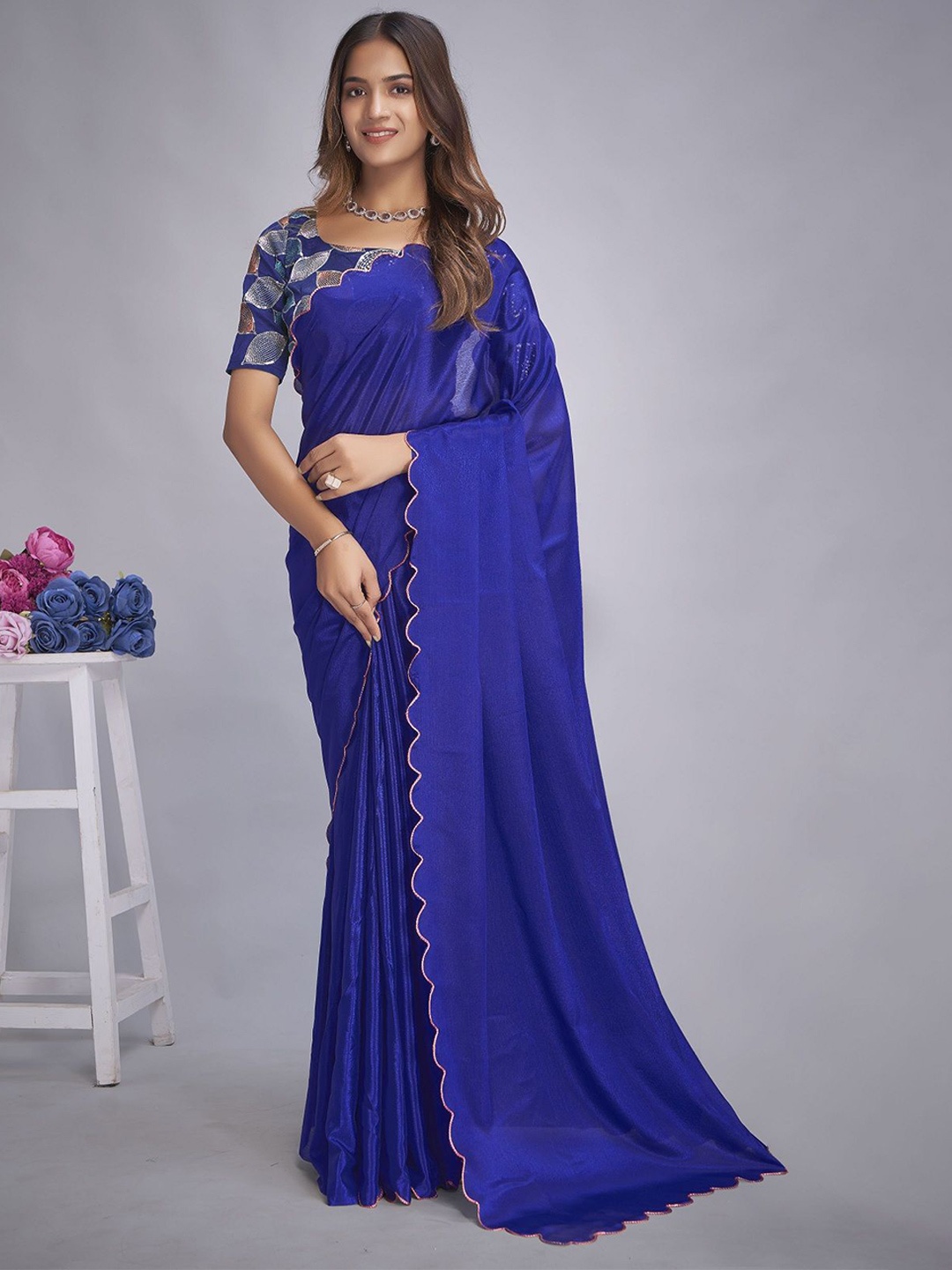 

A TO Z CART Embroidered Pure Chiffon Saree, Blue