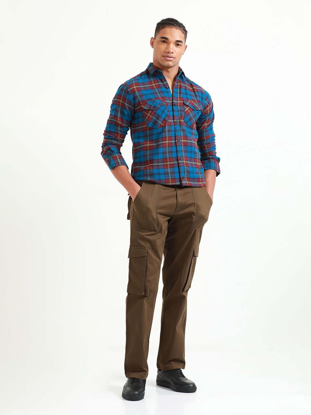 

HOUSE OF MAHNOTS Men Comfort Slim Fit Spread Collar Tartan Checked Cotton Casual Shirt, Blue