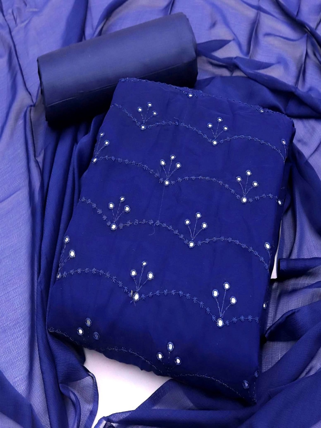 

A TO Z CART Floral Embroidered Mirror Work Silk Georgette Unstitched Dress Material, Blue