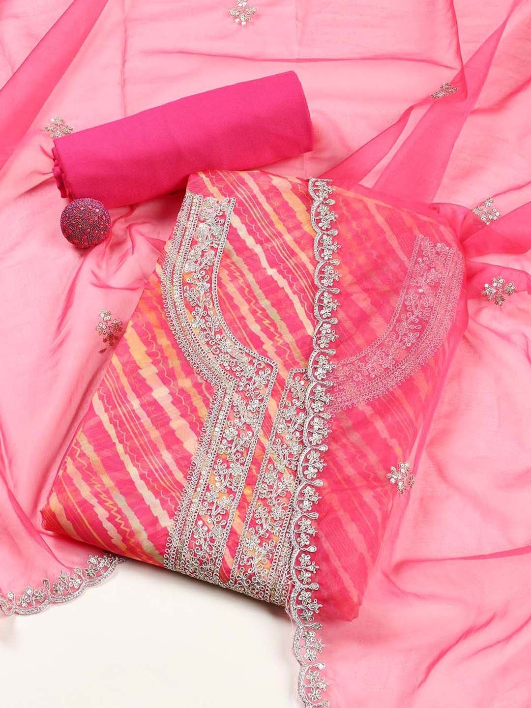 

Meena Bazaar Printed Organza Unstitched Dress Material, Pink