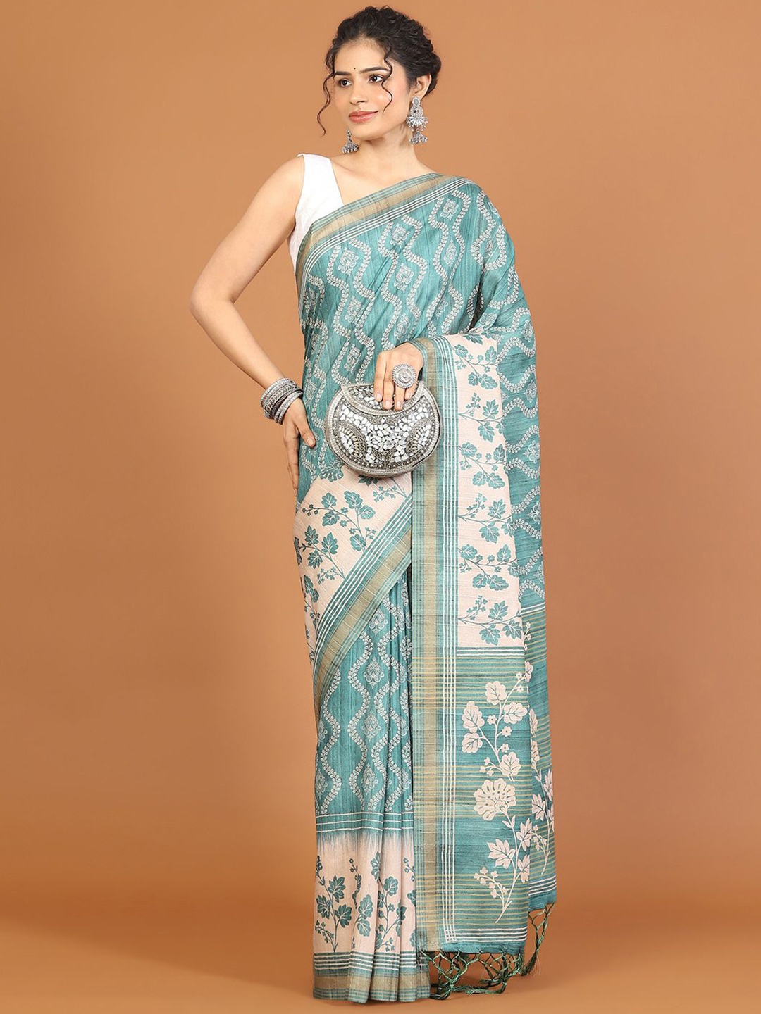 

Meena Bazaar Floral Zari Art Silk Tussar Saree, Sea green
