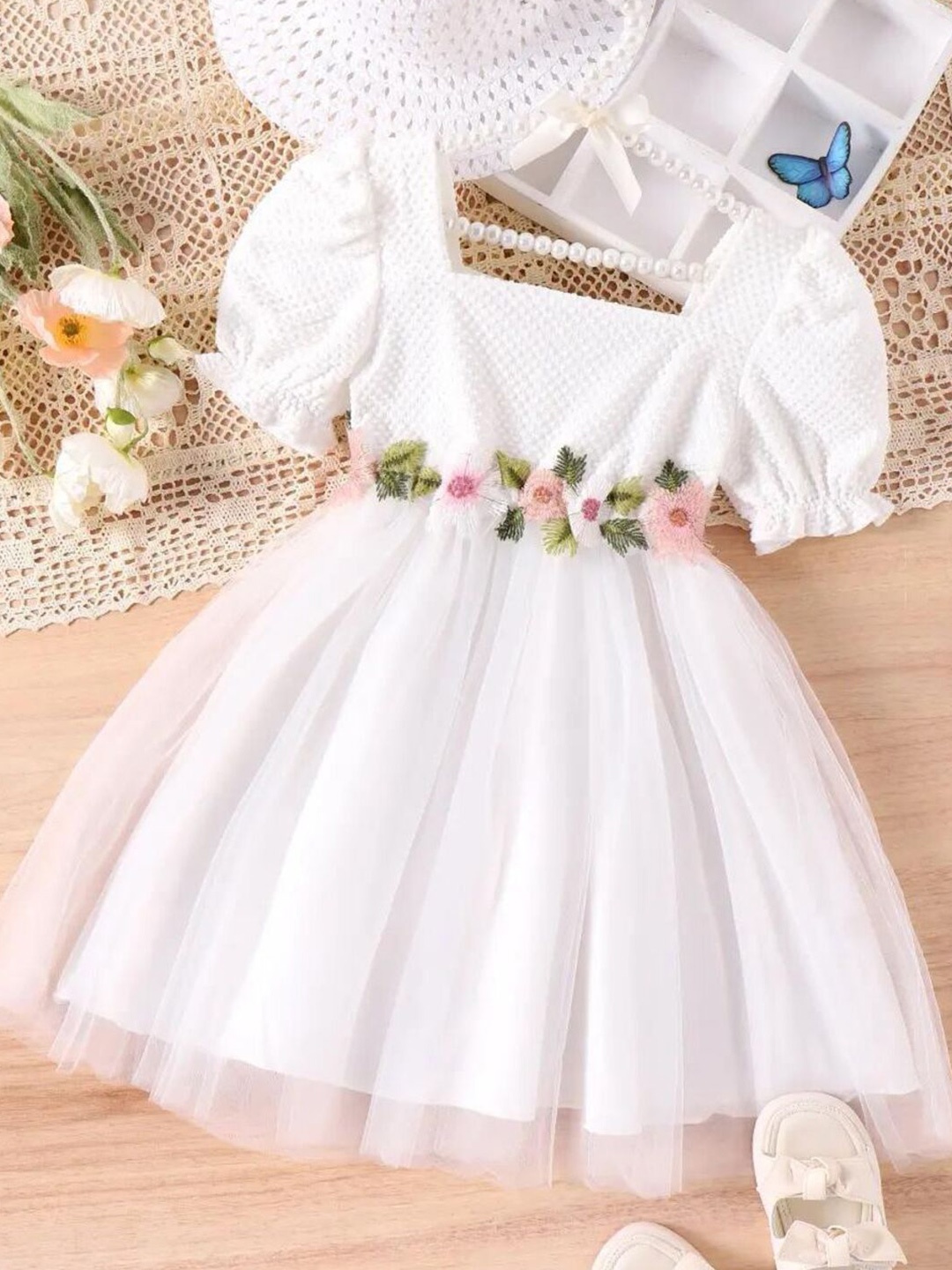 

YK Girls Self Design Embroidered Fit & Flare Dress, White