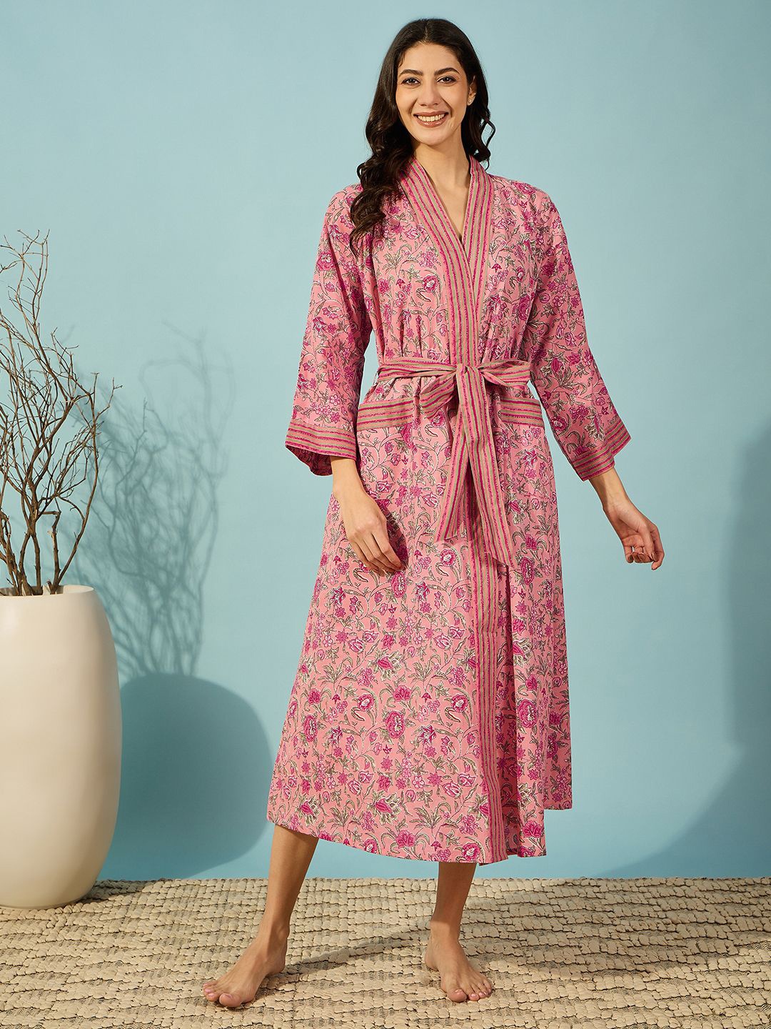 

The Kaftan Company Women Printed Pure Cotton Wrap Nightdress, Pink