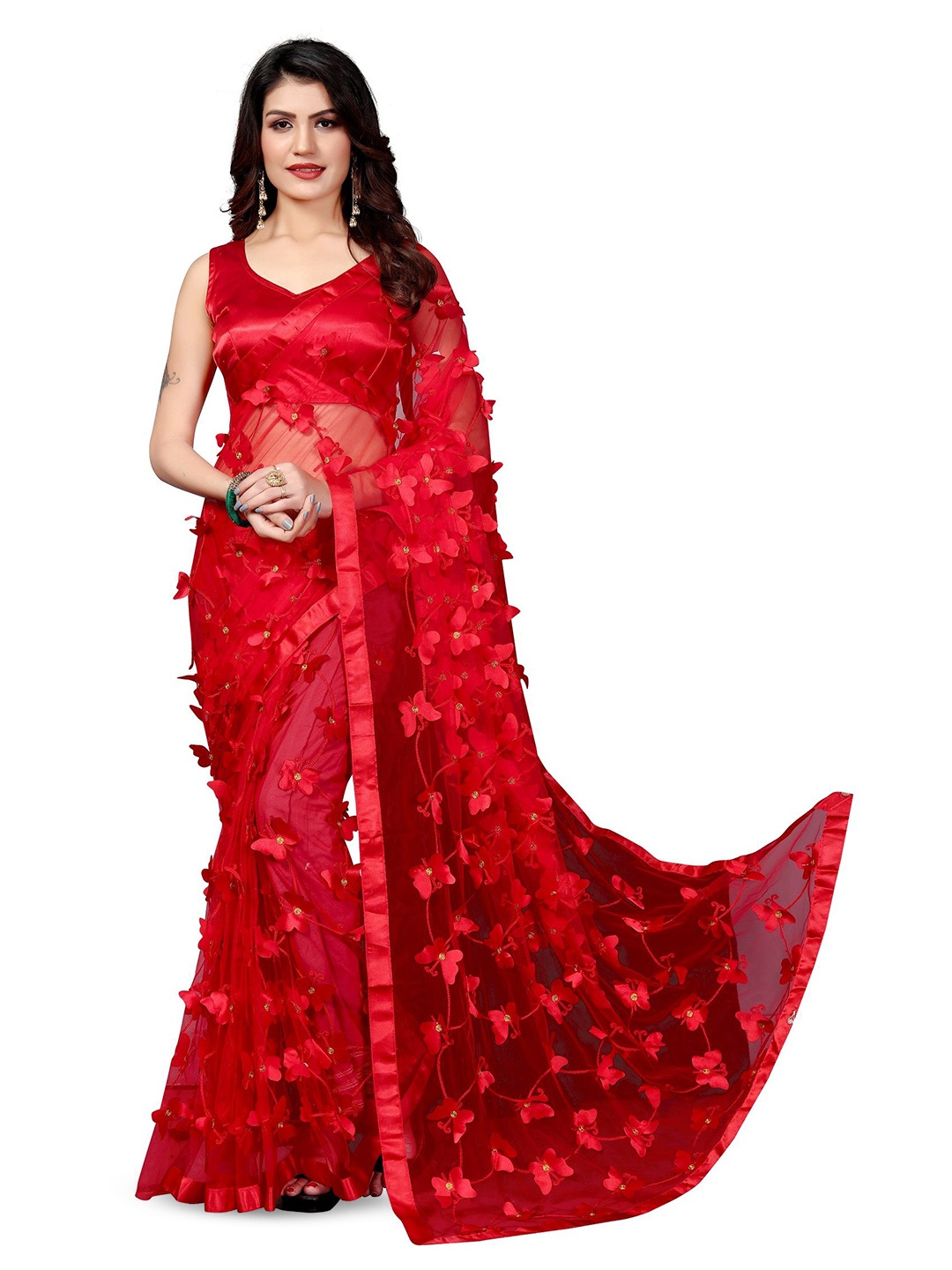 

A TO Z CART Floral Net Saree, Red