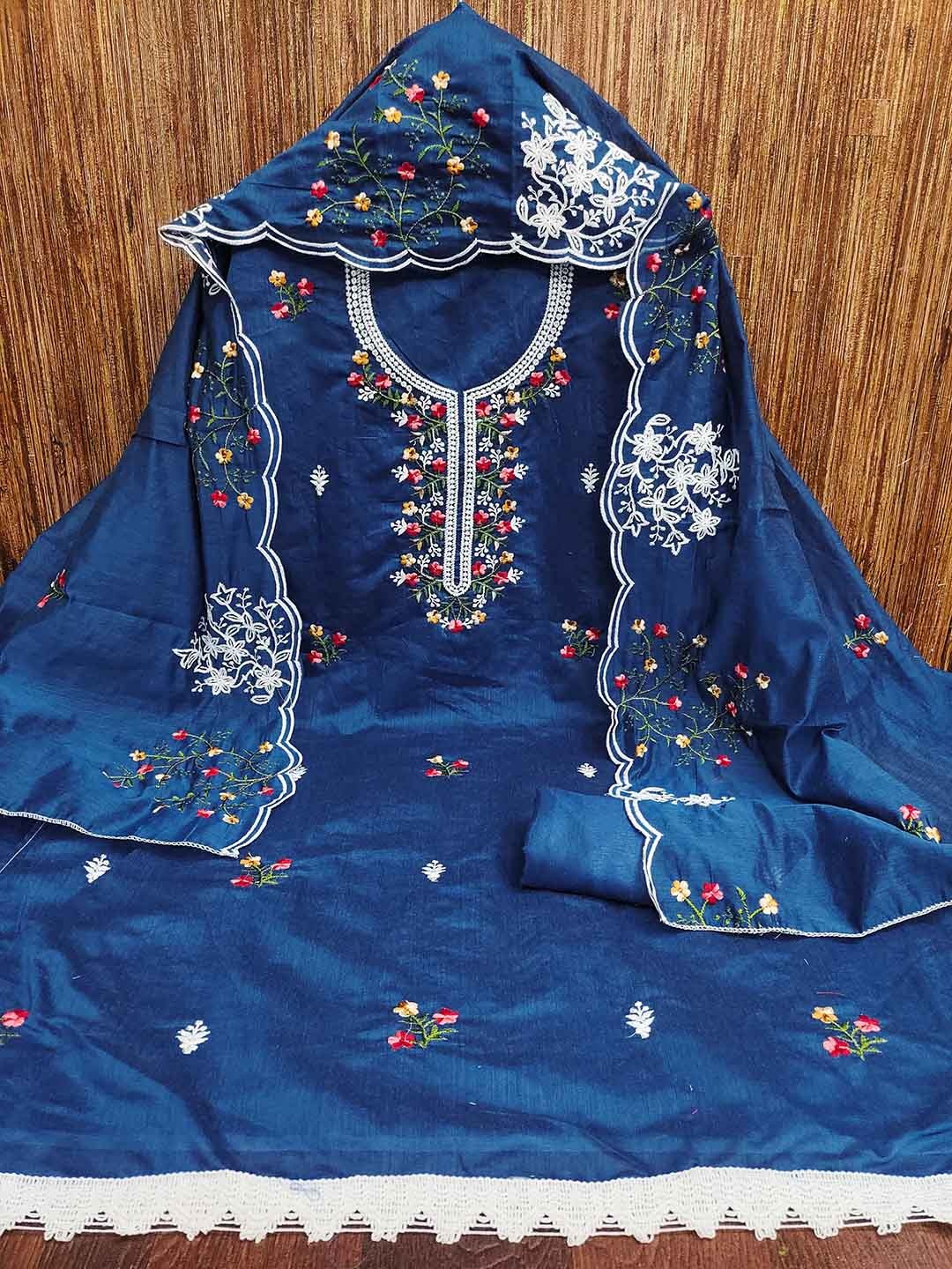 

KALINI Floral Embroidered Chanderi Cotton Unstitched Dress Material, Teal