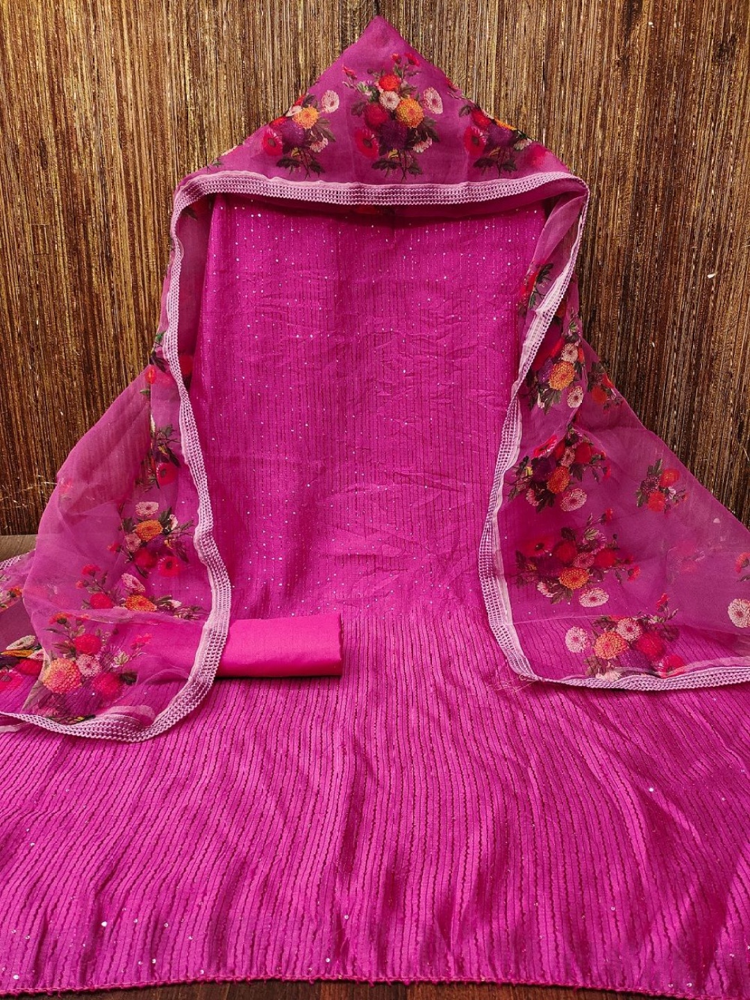 

A TO Z CART Striped Embroidered Sequinned Unstitched Dress Material, Pink