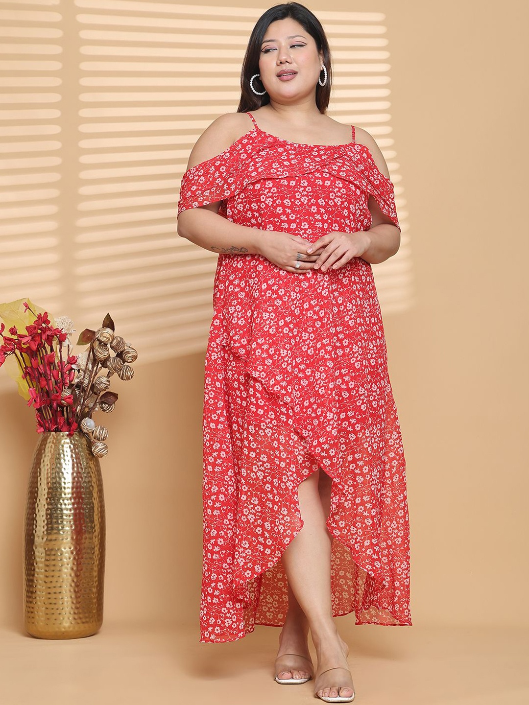 

theRebelinme Women Plus Size Floral Printed Layered Georgette A-Line Maxi Dress, Red