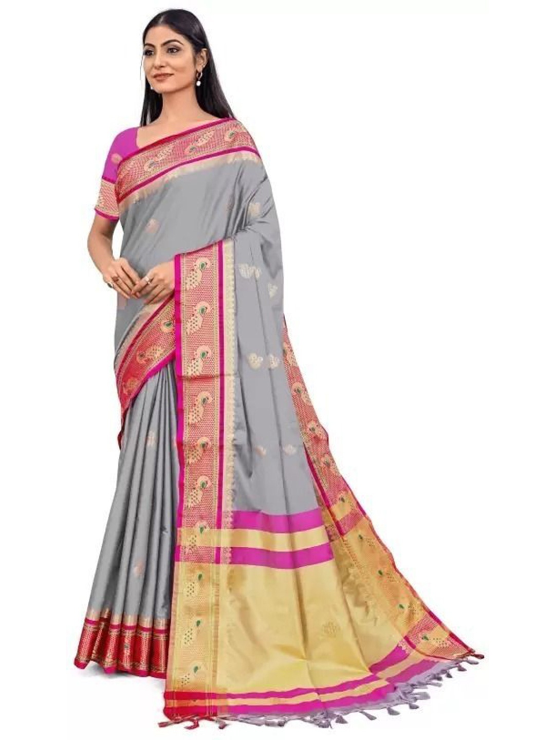 

Upalksh Ethnic Motifs Woven Design Zari Maheshwari Saree, Grey